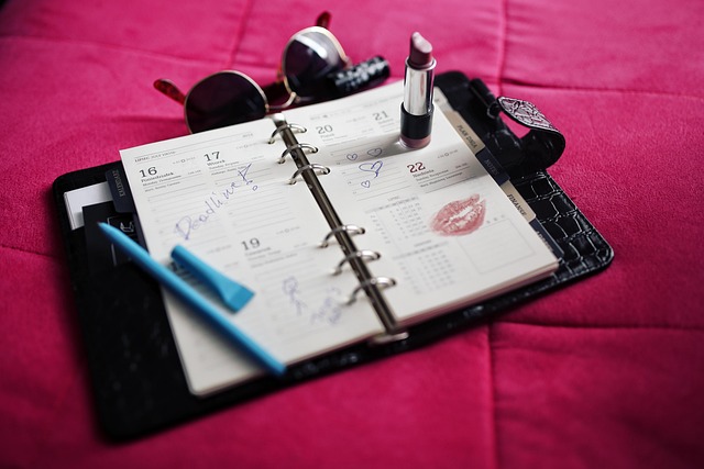 An open planner calendar with lipstick and sunglasses on pink fabric