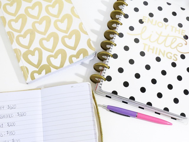 Planners, notebooks, and a handwritten budget list with dollar amounts