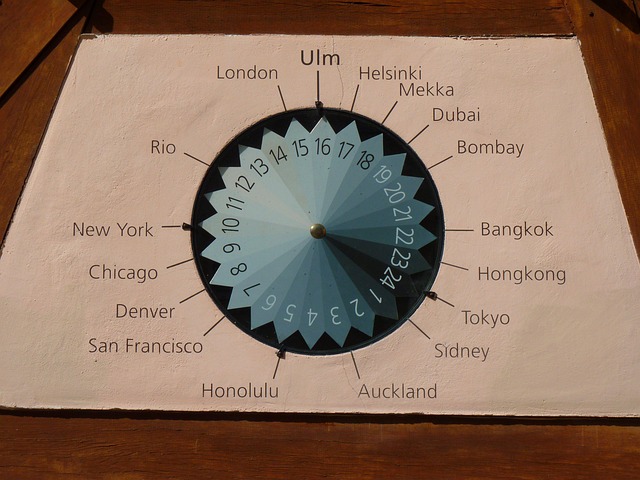 A world clock dial displaying time zones of global cities