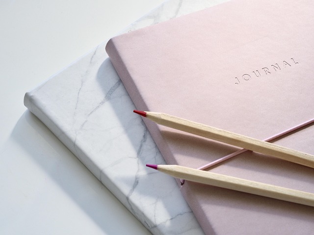 A pink journal and colored pencils resting on notebooks